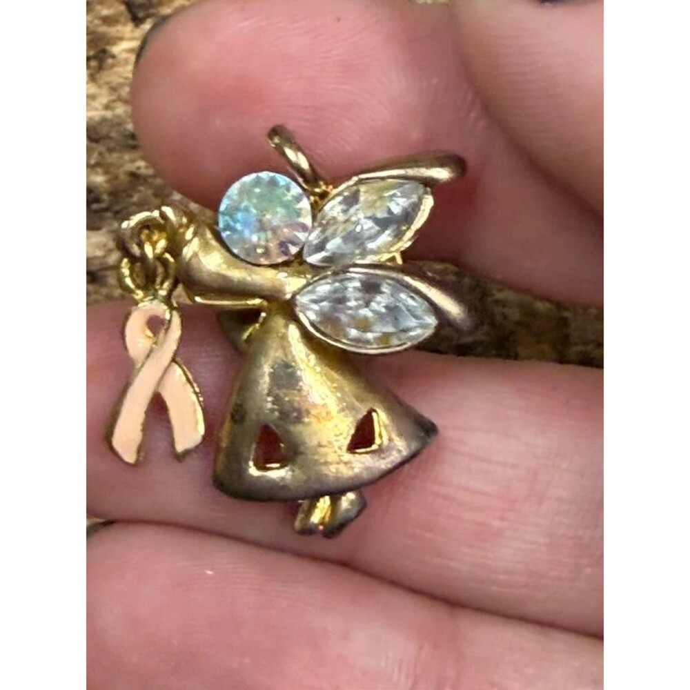 Vintage Beau Jewels Angel Brooch Pin AB Rhinestones Pink Ribbon Gold Tone